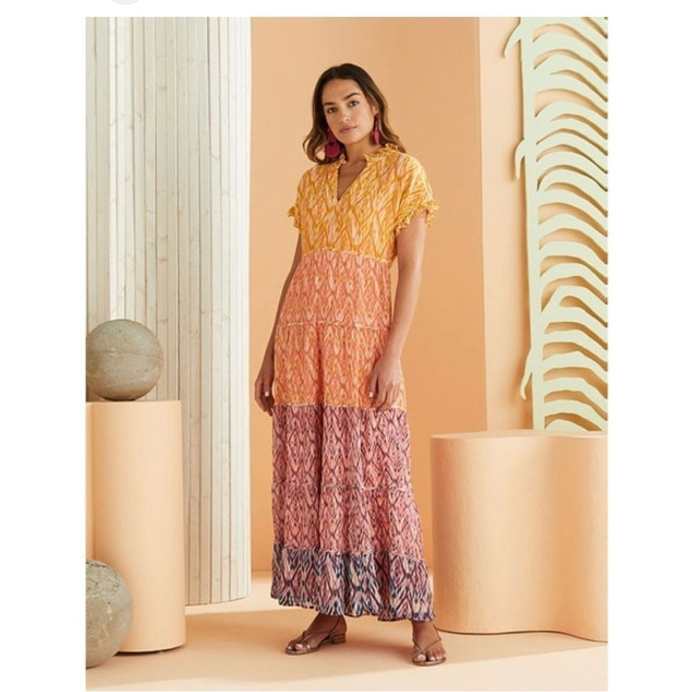 Marie Oliver Farah Silk Maxi Dress sz: S Ikat Print Multicolor Boho Flowy Casual